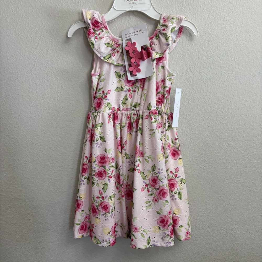Tahari Girl Kids 6 Pink Floral Eyelet Ruffle Dress NEW With Hair Clip Accessory